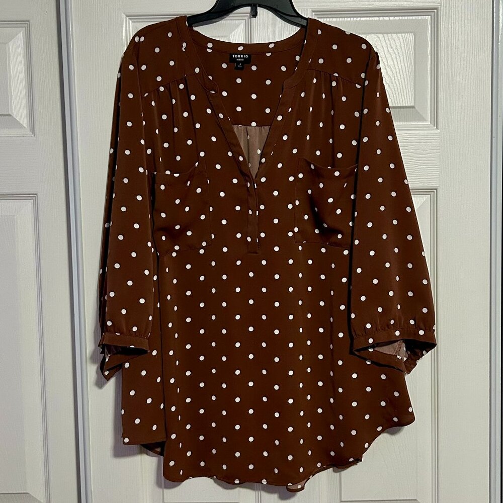 Torrid Harper 3/4 Sleeved Blouse, Size 4, Brown and White Polka Dot